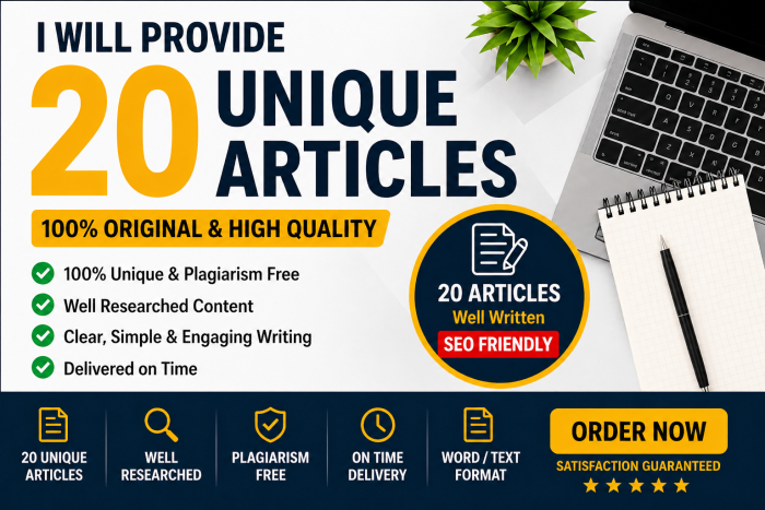 I Will Provide 20 Unique Articles (Original & High Quality)