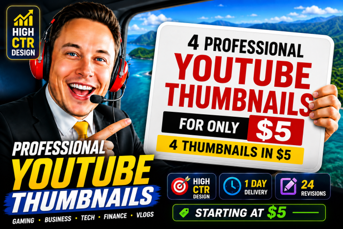 I Will Design 4 Professional YouTube Thumbnails for $5