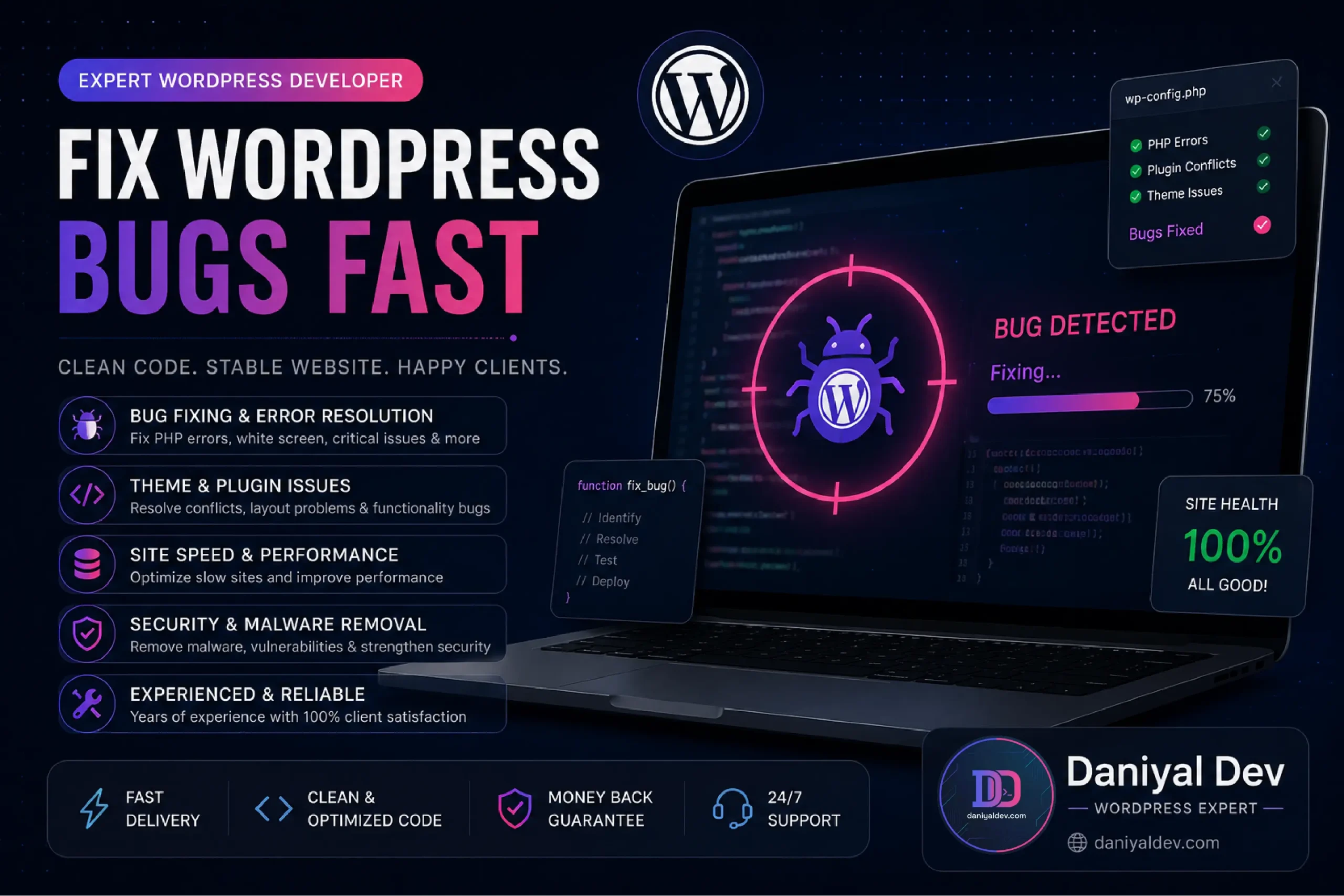 I will fix WordPress bugs, errors, layout issues, and migrate website